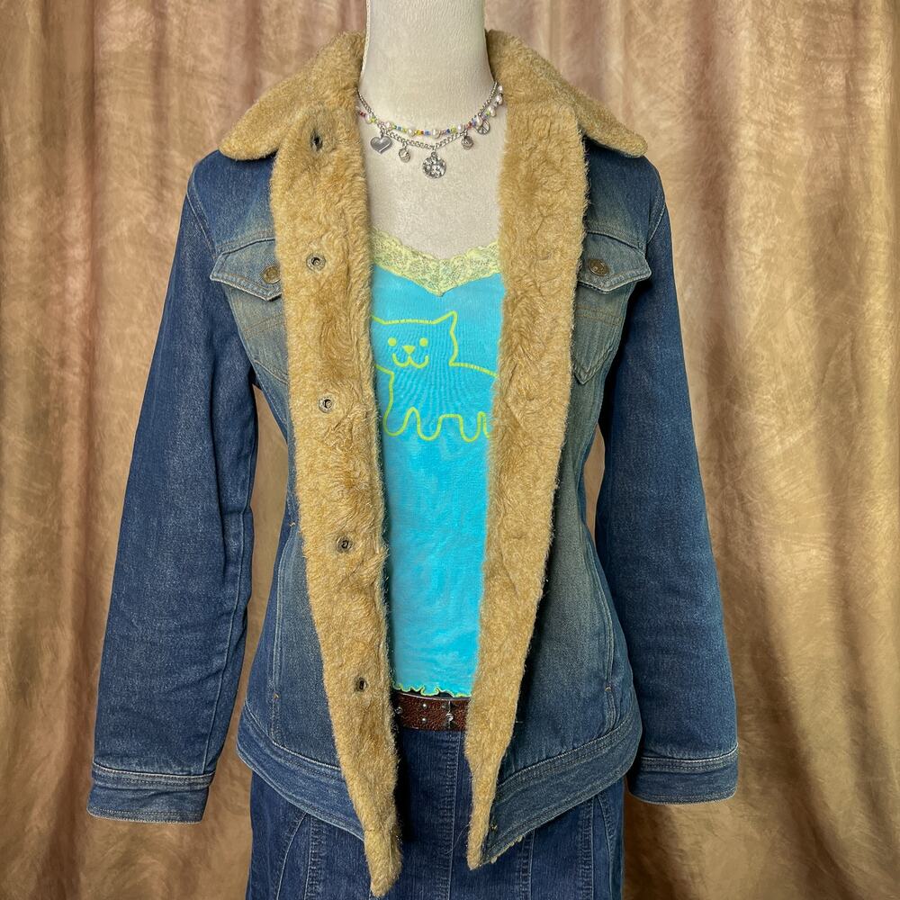 Vintage Y2K Denim Jacket Faux Fur Collar Trim Snap Button McBling Indie Sleaze